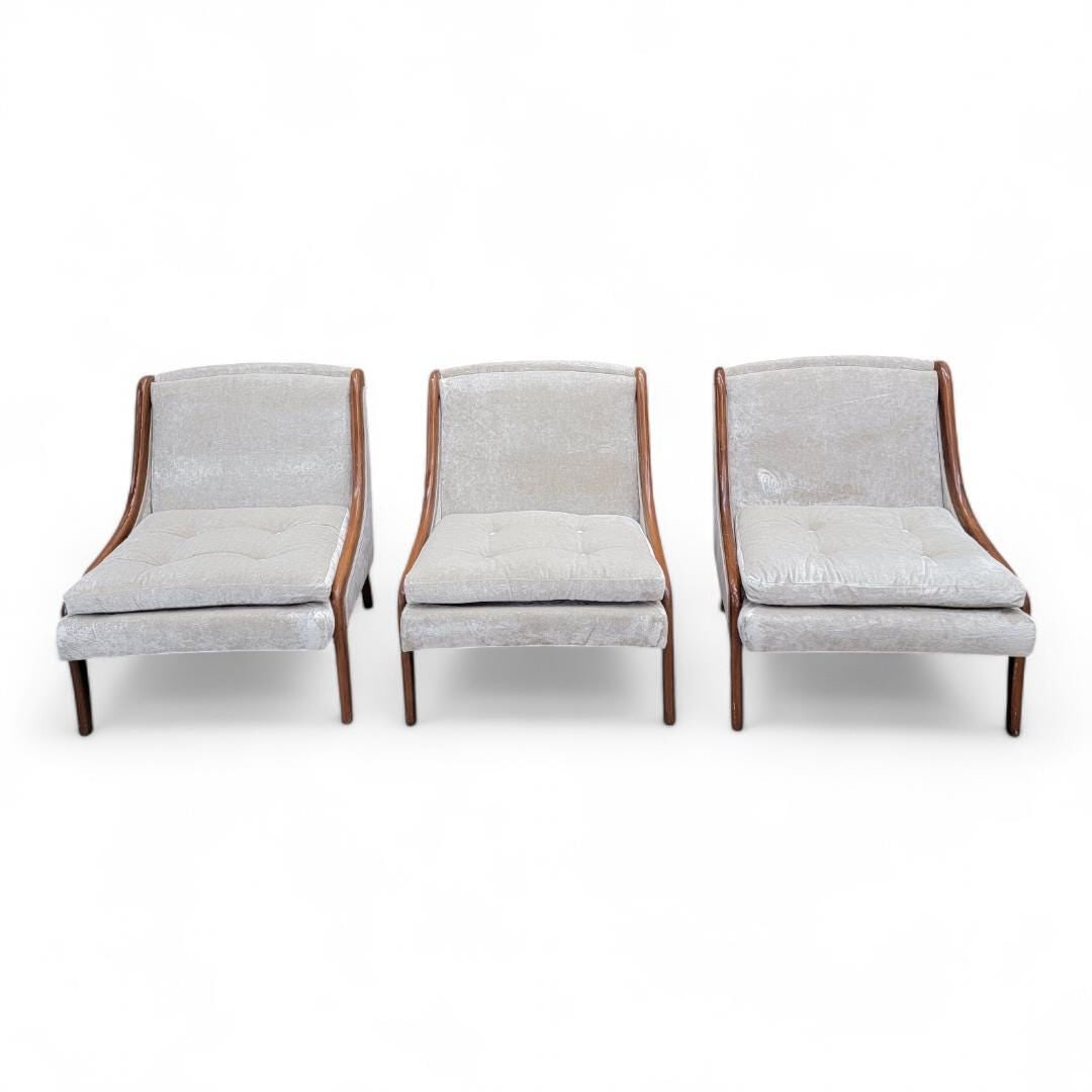 MCM Ben Seibel Slipper Chairs Newly Reupholstered - 3: Overall width: 26 inchesOverall height: 29 inchesOverall depth: 19 inchesSeat height: 15 inches.Mid Century Modern Ben Seibel Slipper Chairs Newly Upholstered in Velvet - 3 Piece SetThis three-piece