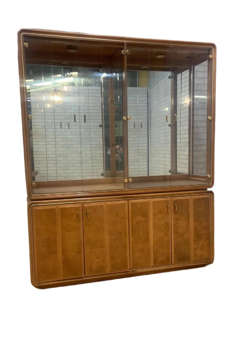 MCM American of Martinsville China Cabinet: Mid Century Modern China Cabinet by American of MartinsvilleStunning MCM American of Martinsville mirrored Burl olive wood china cabinet from American of Martinsville. Upper section features four