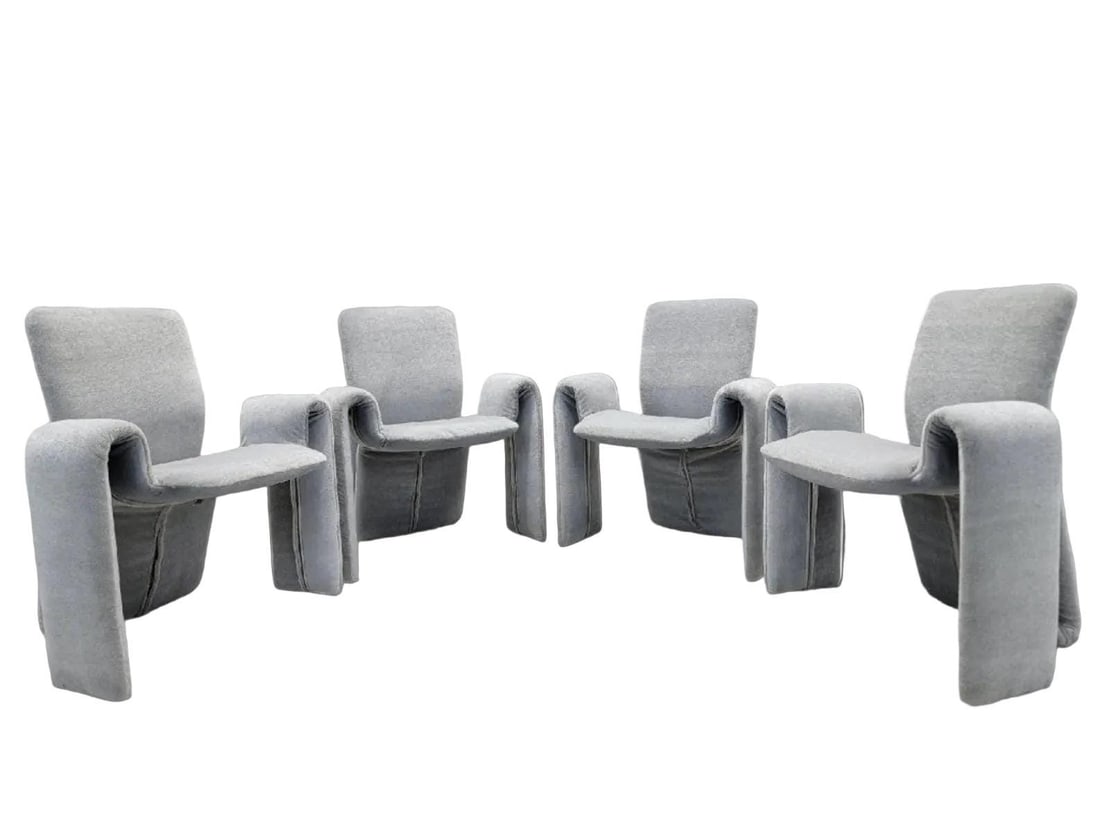 Postmodern Dining Chairs Newly Reupholstered by Steve Leonard - 4: Materials: mohairPostmodern Steve Leonard Sculptural Dining Chairs for Brayton InternationalNewly Upholstered in Italian Plush Powder-Blu Mohair - Set of 4A four-piece set of baby blue dining chairs