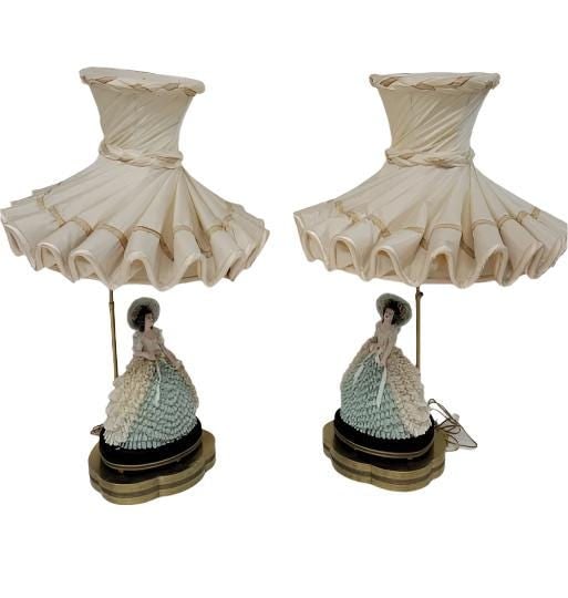 Antique Victorian Dresden Boudoir Lamps - Pair: Antique Victorian Dresden Porcelain Lace Lady Boudoir Lamps - PairStunningly Elegant Pair of Antique Provincial Dresden Lace Porcelain Table Lamps. The lamps feature matching Dresden Fine German
