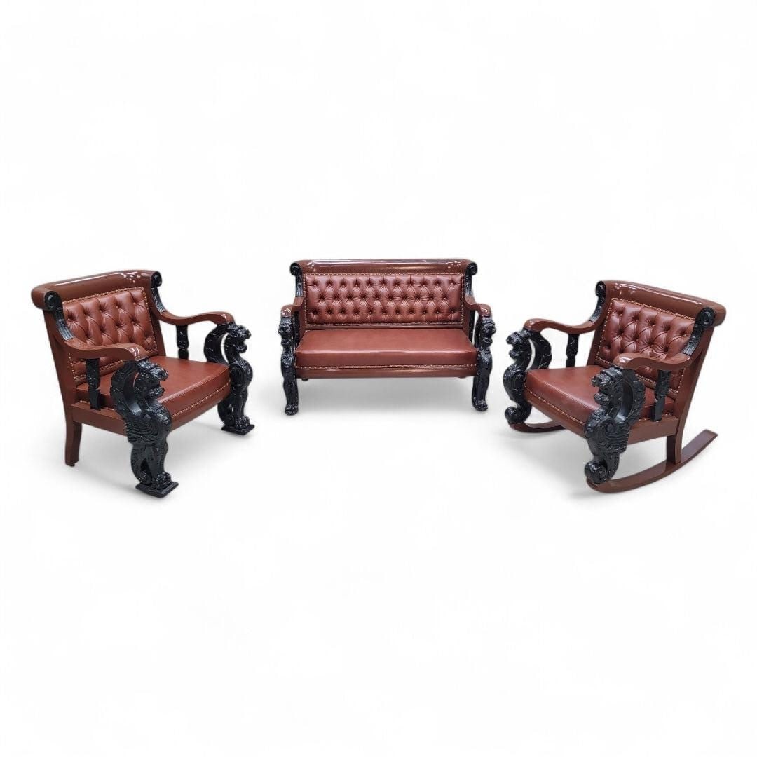 Antique R.J. Horner Style Carved Winged Griffin Parlor Set Newly Reupholstered: Materials: leather, mahogany, woodAntique R.J. Horner Style Carved Ebony and Mahogany Winged Griffin Tufted Parlor Set Newly Restored & Reupholstered in a "Cognac" Italian Leather - 3 Piece Set