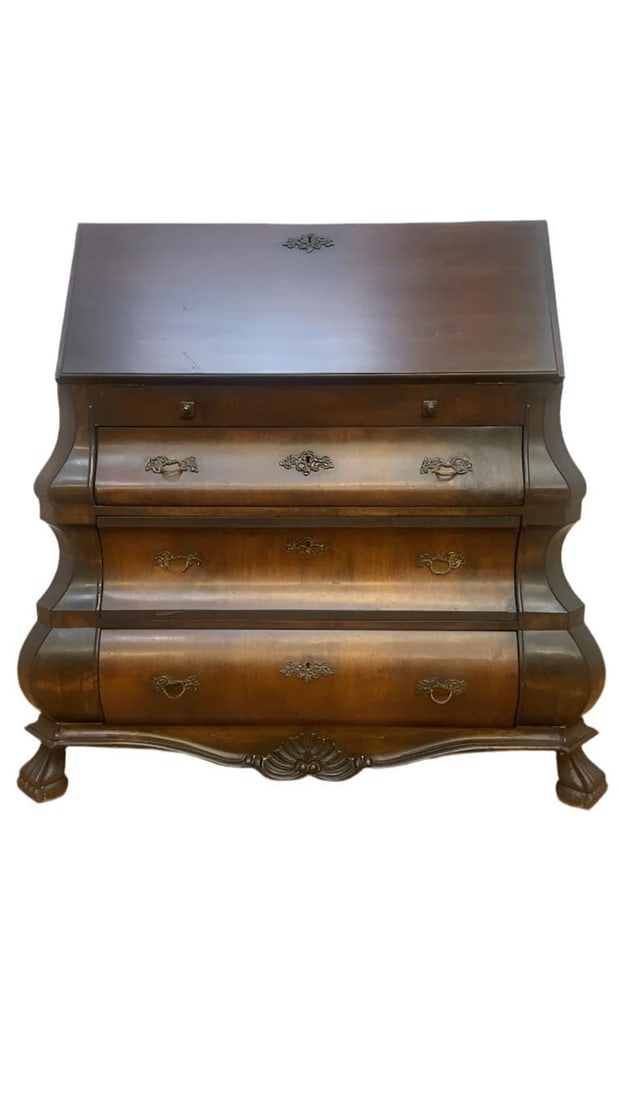 Antique Spanish Drop Front Secretary Desk: Antique Spanish Drop Front Secretary DeskAntique Spanish drop-front secretary desk handcrafted from richly figured walnut burl and rosewood. Featuring a functional drop-down writing surface with