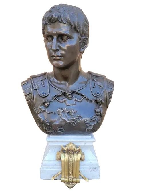 Vintage Italian Grand Tour Bronze Bust of Julius Augustus Caesar: Read the full descriptionMaterials: European home decor, Italian art, Roman sculpture, Rome emperor, bronze bust, classical style, gift, large statue, living room, neoclassicalVintage Italian Grand