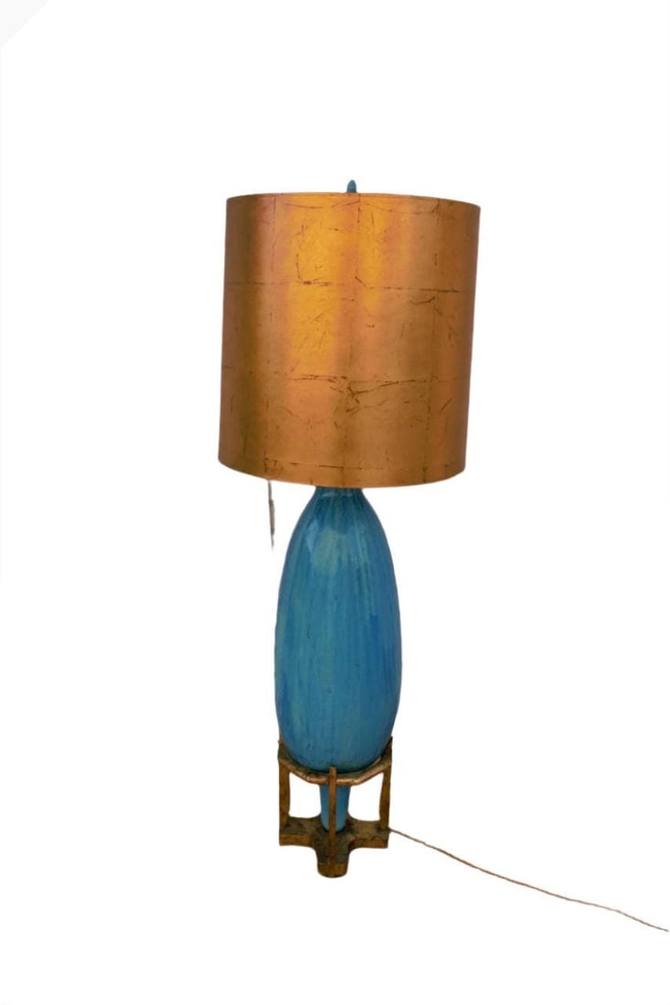 MCM Oversized Turquoise Table Lamp: .Vintage Oversized Turquoise Lamp with Gold Lamp ShadeIlluminate your space with this beautiful oversized lamp with a blue vase ceramic vase. Light functions and the cord are in good condition.Circa