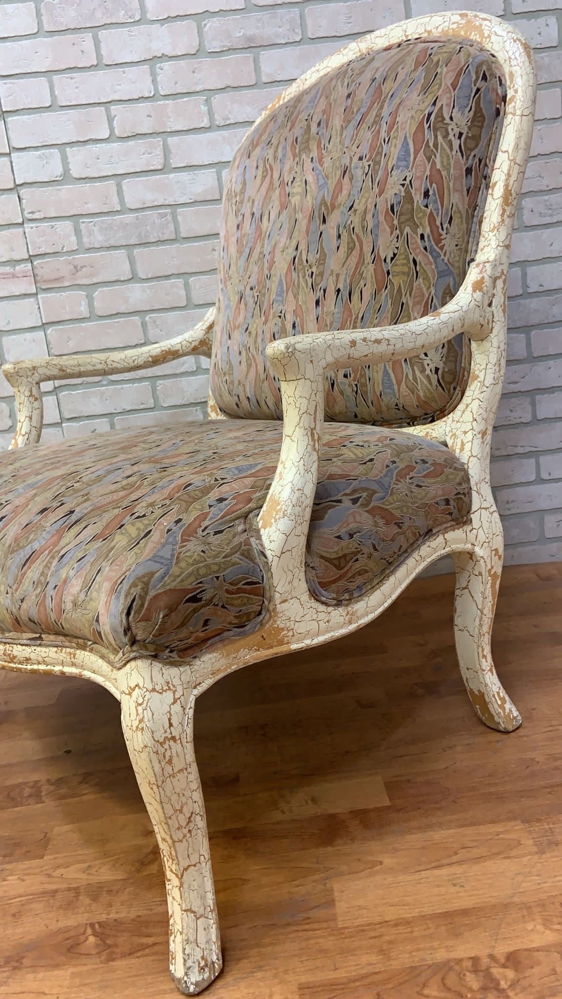 Vintage English Regency Upholstered Armchair with Antiqued Crackle Paint Finish - 3