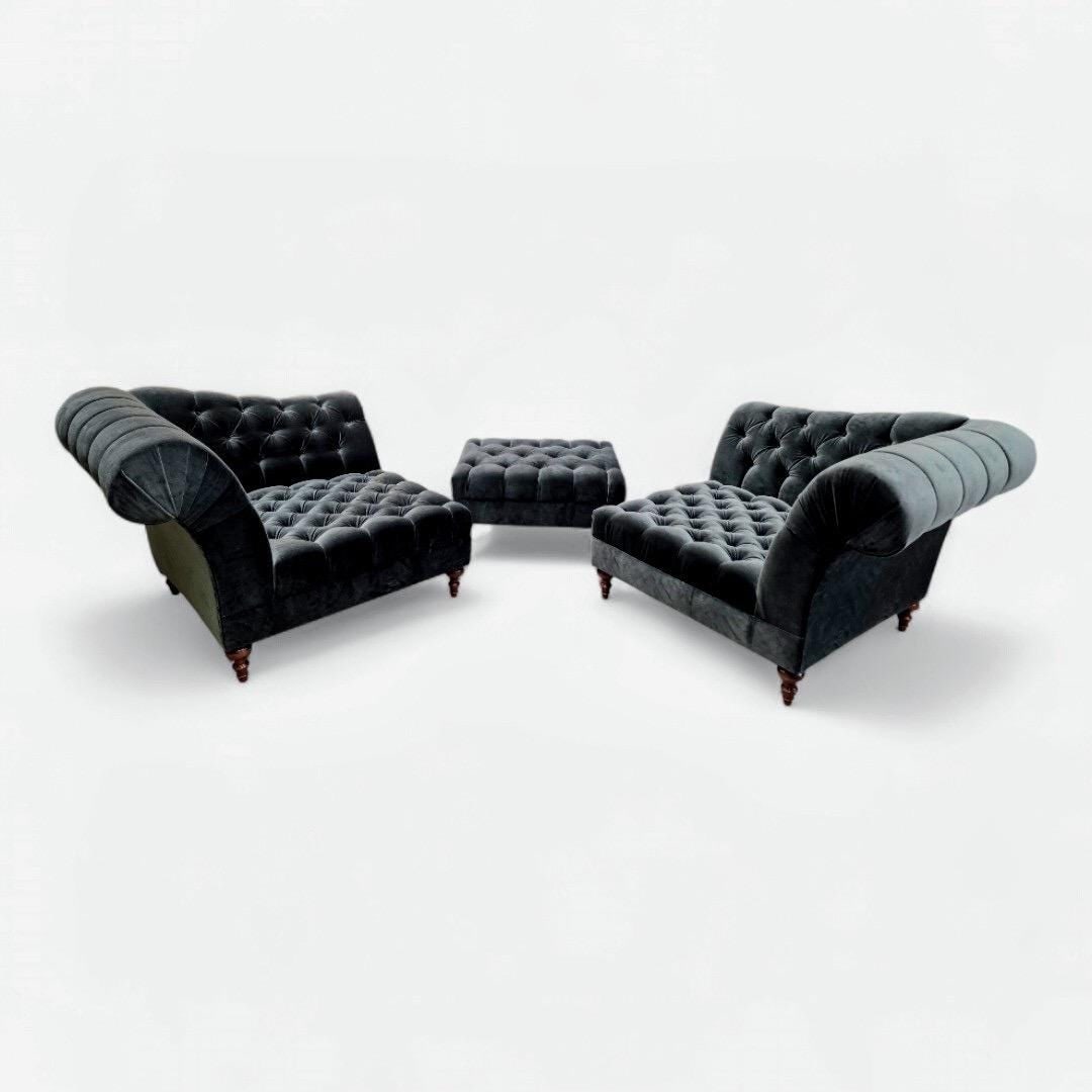 Vintage Chesterfield Style Tufted Lounge Chairs and Ottoman Set by Bernhardt Salon Interiors Newly: Materials: velvetVintage Chesterfield Style Tufted Lounge Chairs and Ottoman Set by Bernhardt Salon Interiors Newly Reupholstered in a Dark Grey VelvetVintage Chesterfield style lounge seating set by