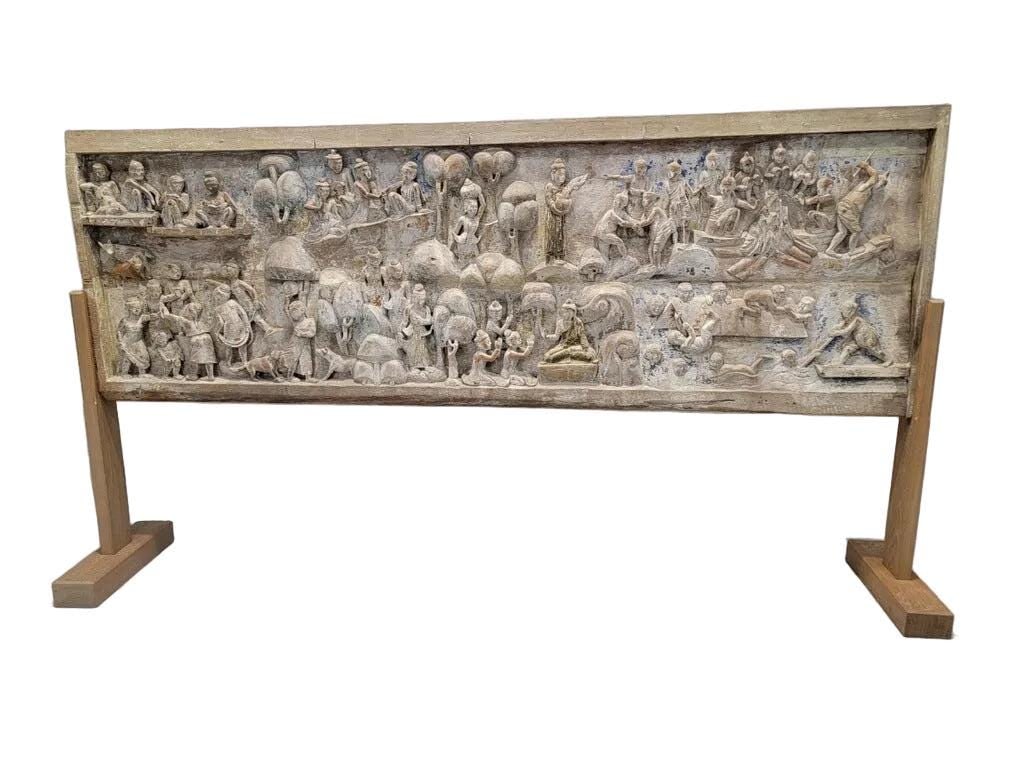 Antique Monumental Burmese Carved Mandalay Village Market Scene with Stand: . Antique Monumental Burmese Hand-Carved Polychromed Mandalay Village Market Scene on Panel with Stand Immerse yourself in the intricate details of a bustling scene from a Mandalay village, skillfully
