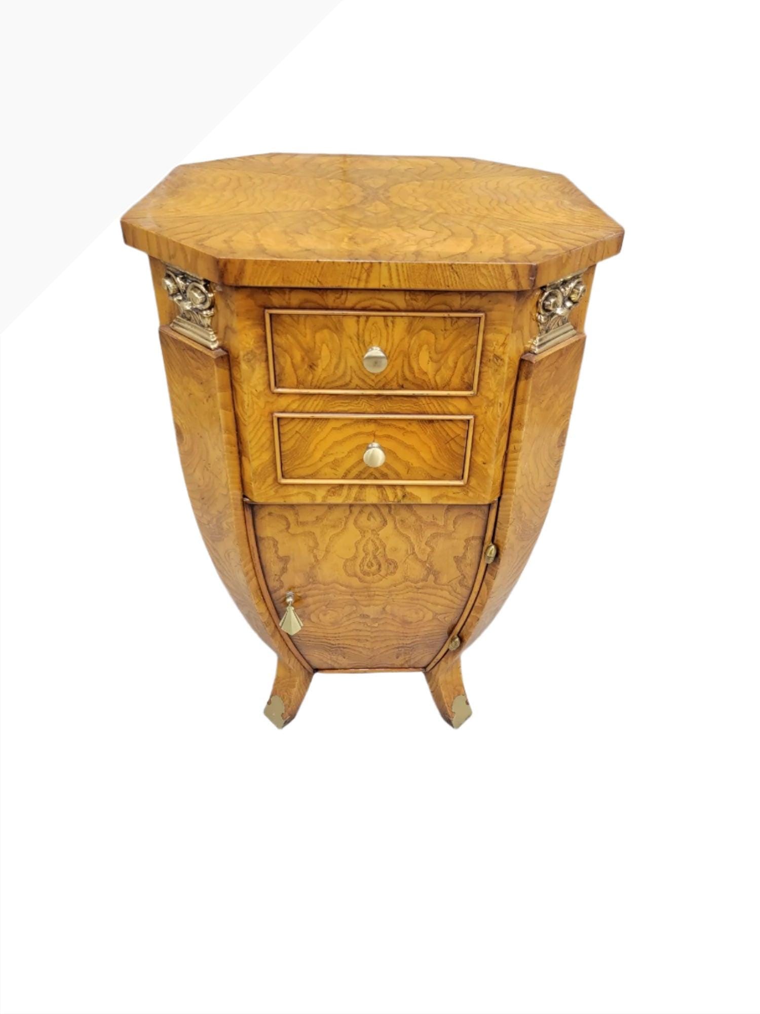 Art Deco Burl Side Table/Nightstand by William Switzer: Vintage Art Deco Burl Storage Side Table Nightstand by William Switzer This Vintage Storage Side Table/Nightstand designed by William Switzer, exemplifies timeless elegance and functionality. It featu
