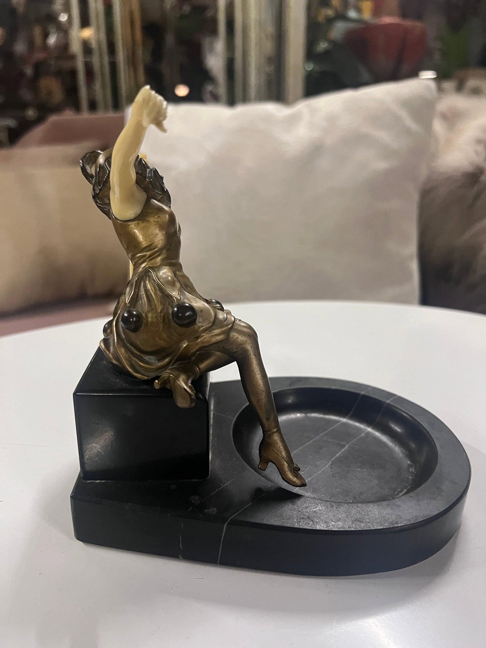 Antique French Art Deco Harlequin Posing Marble Ashtray - 7
