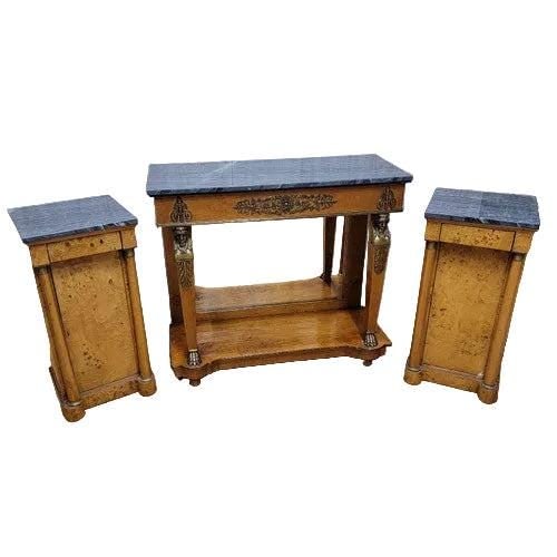 Antique Biedermeier Style Console Table with Two Side Chests: Antique Biedermeier Style Mirror Back Pier Console Table with 2 Marble Top Side Chests - 3 Piece SetThis set showcases the gorgeous, unparalleled Biedermeier craftsmanship and style. This three piece 