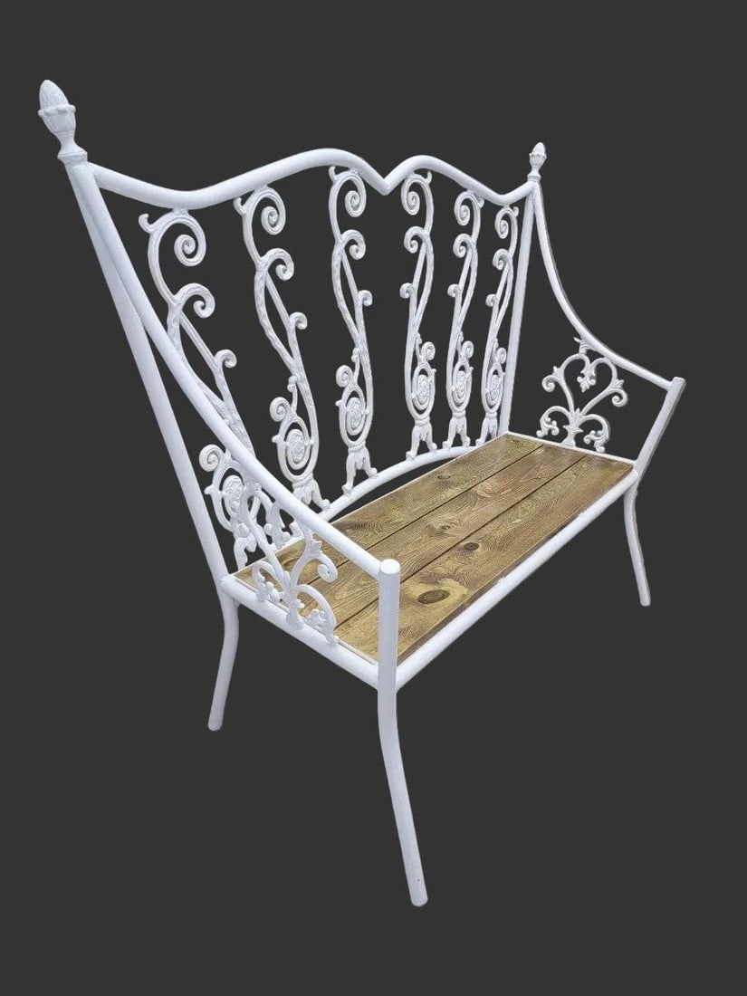 Antique Victorian Colonial Style White Wrought Iron Bench - 3