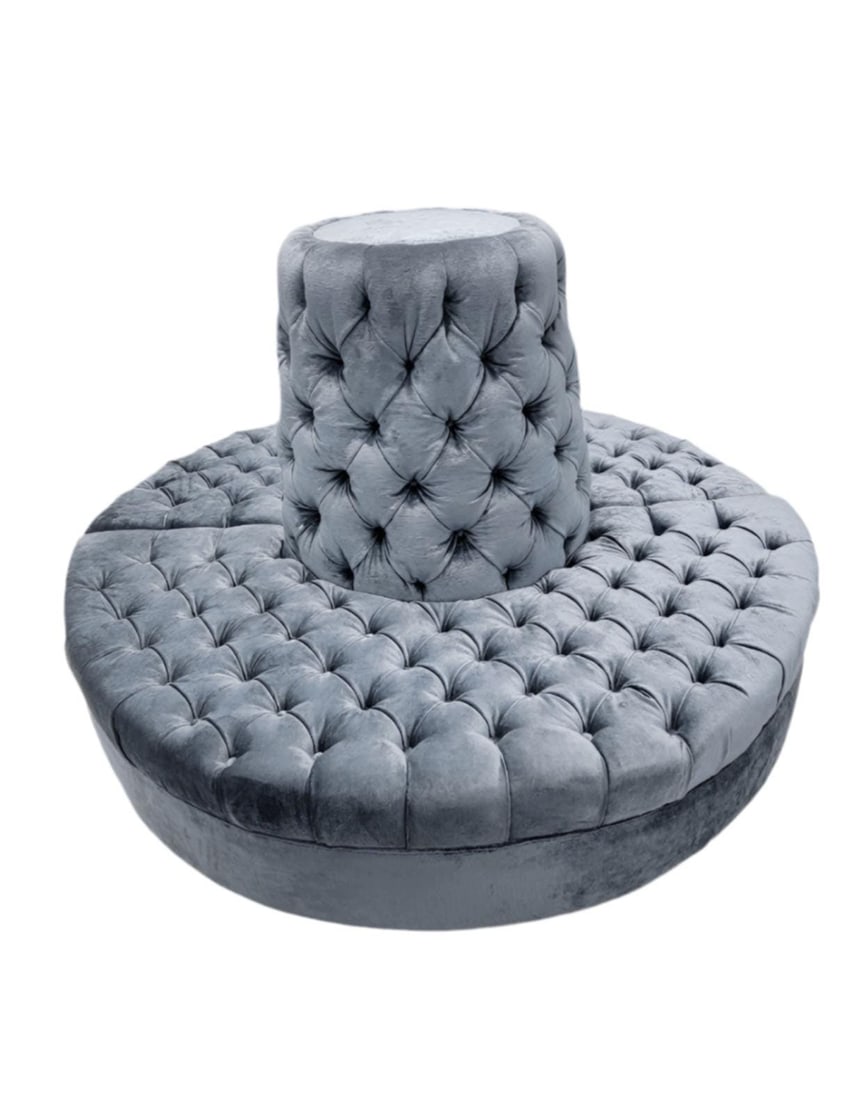 Vintage Banquet Tufted Lobby Sofa Newly Reupholstered: Materials: velvetVintage Round Banquet Settee Tufted Lobby Sofa Newly Reupholstered in Blu-Teal VelvetWe reupholstered this gorgeous vintage round button tufted banquet lobby sofa in a beautiful
