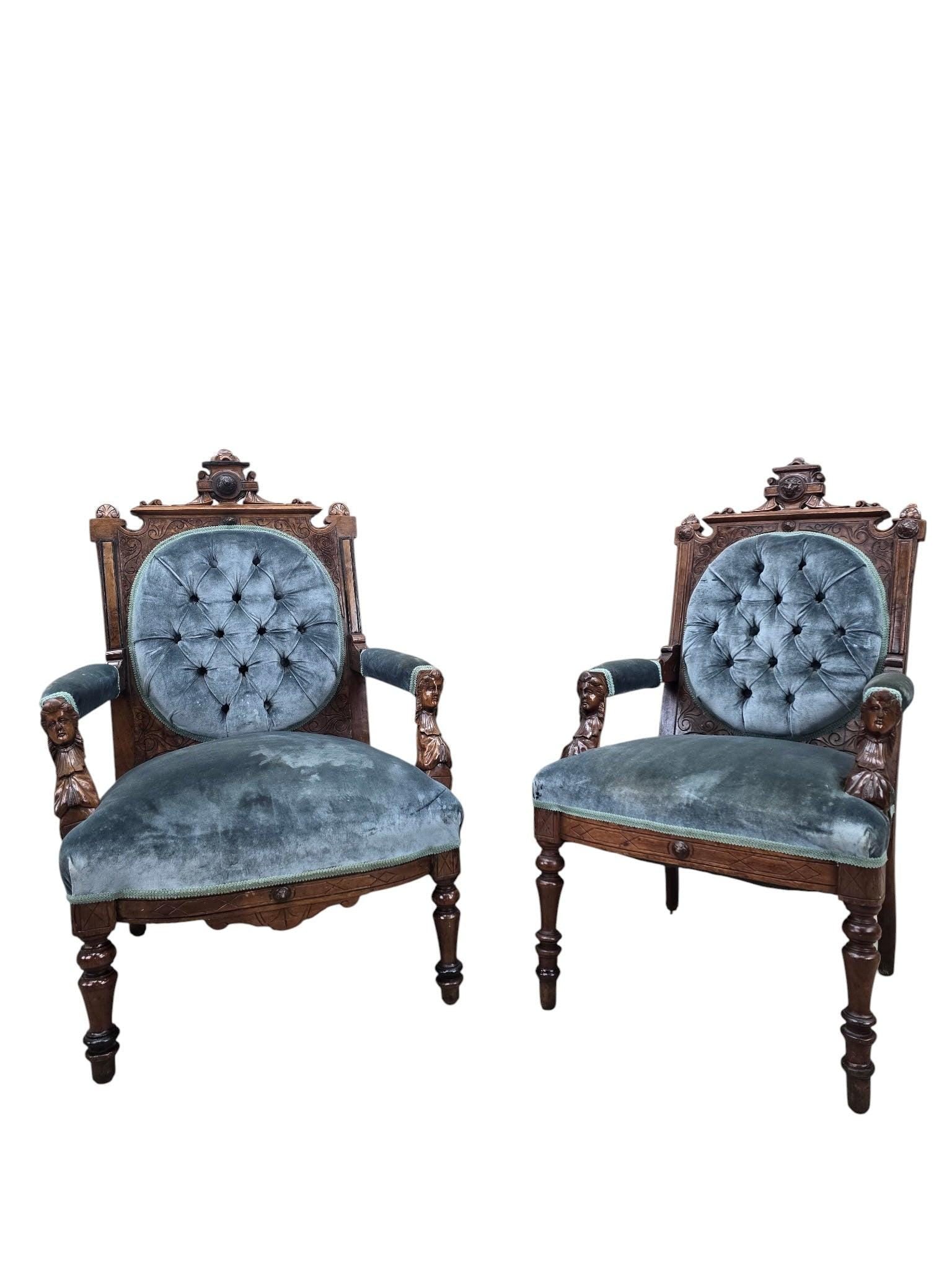 new - Antique Renaissance Revival Carved Chairs by John Jelliff - Set of 2: Antique Renaissance Revival John Jelliff Carved Ornate Armchairs Reupholstered in a Blue Velvet - Set of 2Circa Late 19th Century Dimensions His W 24”D 22”H 41”SH 17"HerW 22”D