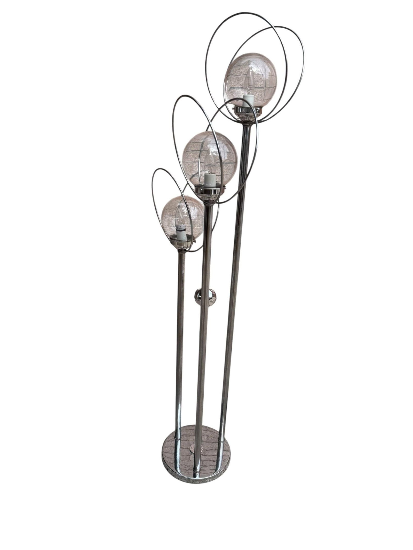 MCM Chrome 3 Light Orb Floor Lamp: .Mid Century Modern Chrome 3 Orb Globe Atomic Architectural Floor LampThis very funky unique lighting piece has 3 different settings: you can turn on the bottom light only, the top two lights only, or