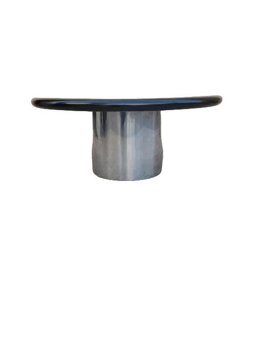 MCM Vico Magistretti Style Coffee Table: .Mid Century Modern Vico Magistretti Style Bull Nose Edged Resin Top with Polished Steel Cylinder Base Cocktail/Coffee TableMid Century Modern round solid black bull nose edged resin top