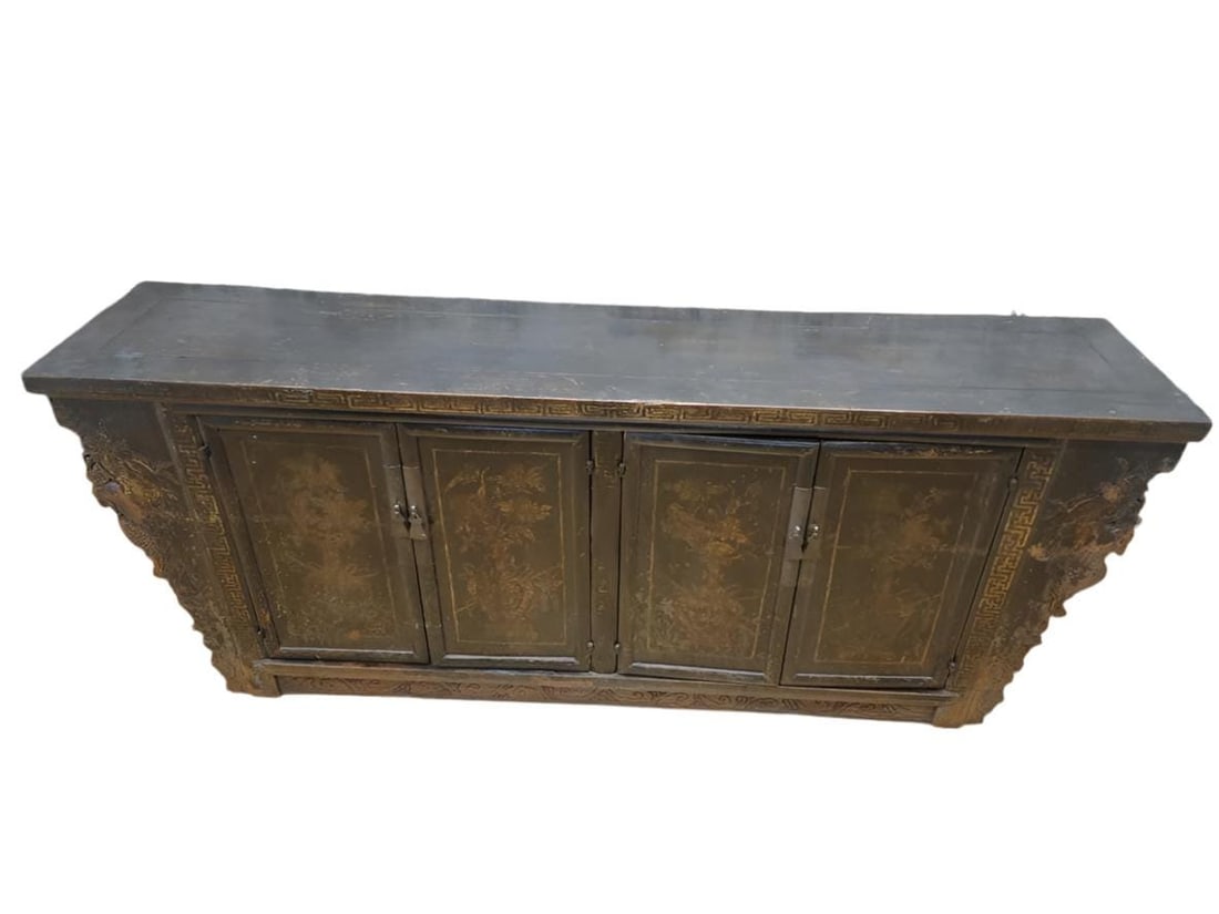 Antique Shanxi Province Elm Sideboard: Materials: Wood Antique Shanxi Province Original Hand Painted Elmwood SideboardThis Antique Sideboard from the Shanxi Province of China has its original decorative painted designs and lacquer. Each
