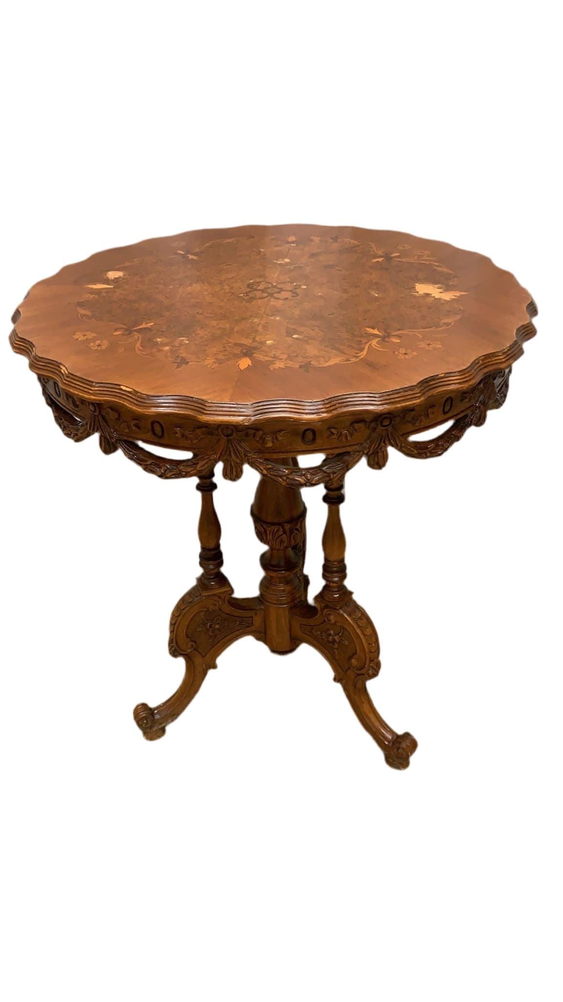 Antique Victorian Style Inlaid Walnut Center Table with Scalloped Top (1 of 5)