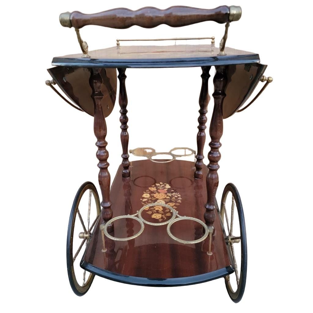 Vintage Italian Marquetry Two Tier Drop-Leaf Bar Cart - 3