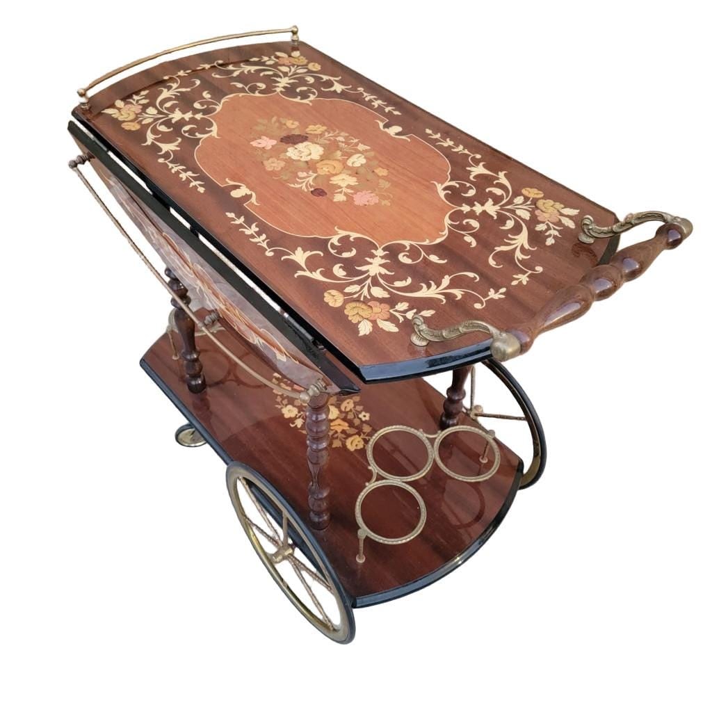 Vintage Italian Marquetry Two Tier Drop-Leaf Bar Cart - 4