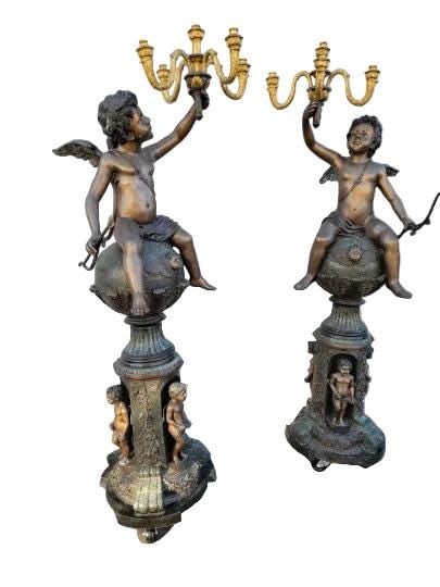 Vintage Victorian Style Winged Cherub Candelabra Bronze Statues - Set of 2 - 2