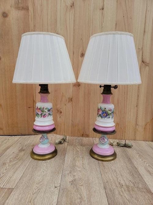 Antique French Provincial Brass Porcelain Electrified Oil Table Lamp - Pair: Materials: PorcelainAntique French Provincial Brass & Hand Painted Floral Porcelain Electrified Oil Table Lamp with White Shade - Pair Antique French Provincial set of 2 hand painted pink &
