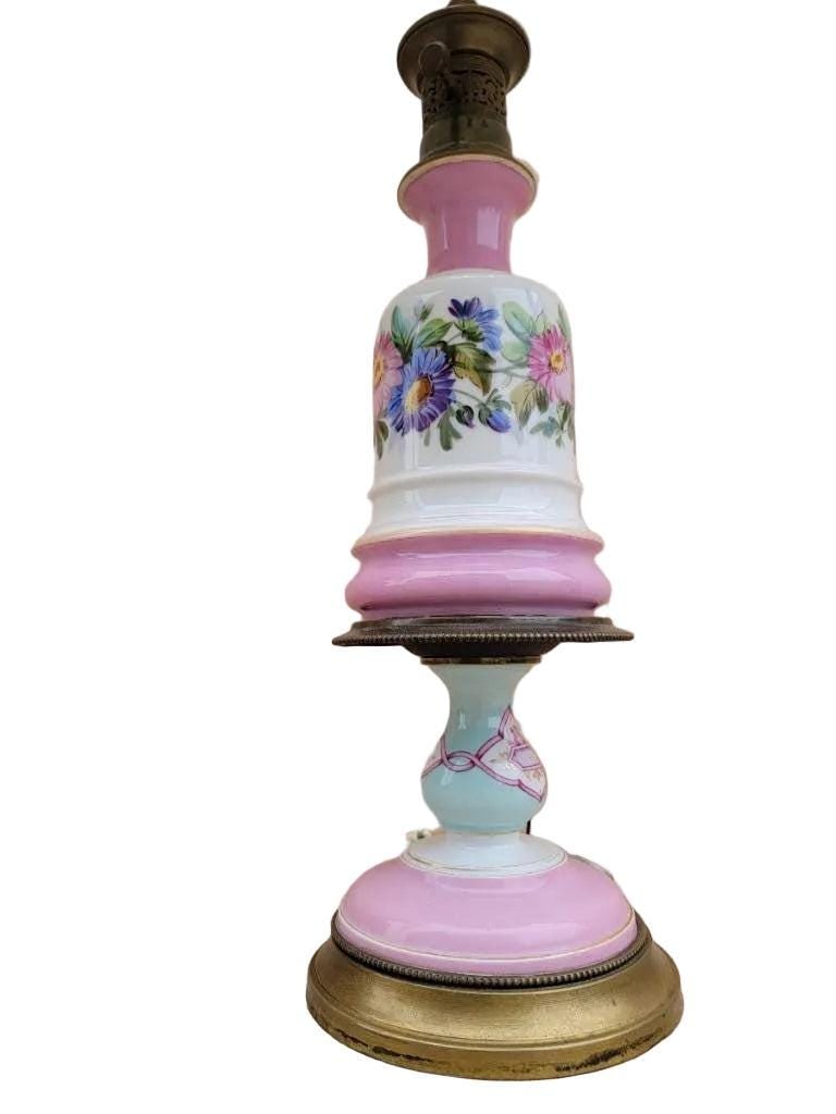 Antique French Provincial Brass Porcelain Electrified Oil Table Lamp - Pair - 3
