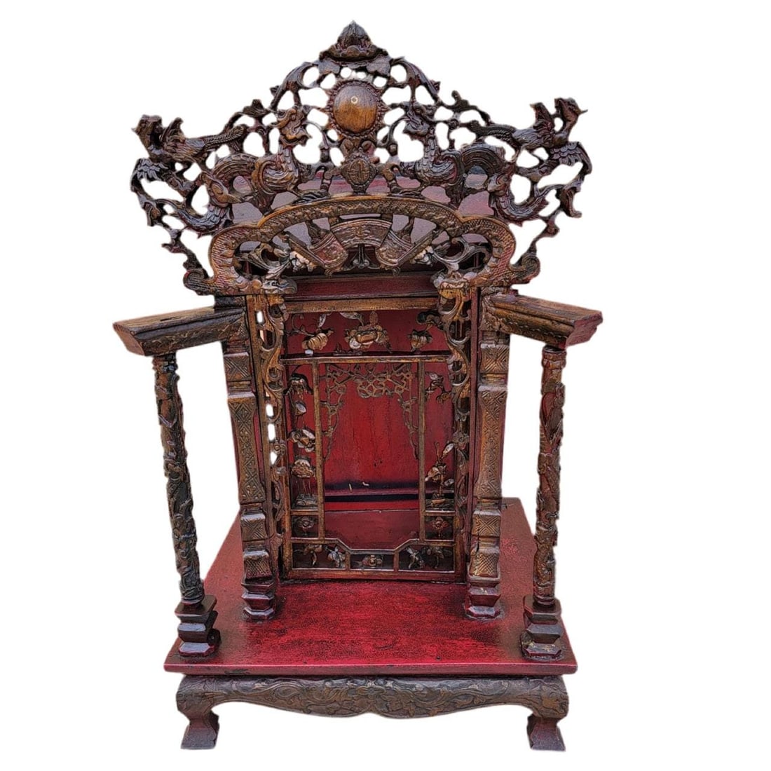 Antique Authentic Chinese Shrine: Antique Authentic Chinese Carved Ornate Wood ShrineA Chinese altar is perfect for worship or displaying your treasured items. The display space is set off by two rows of columns on either side and an