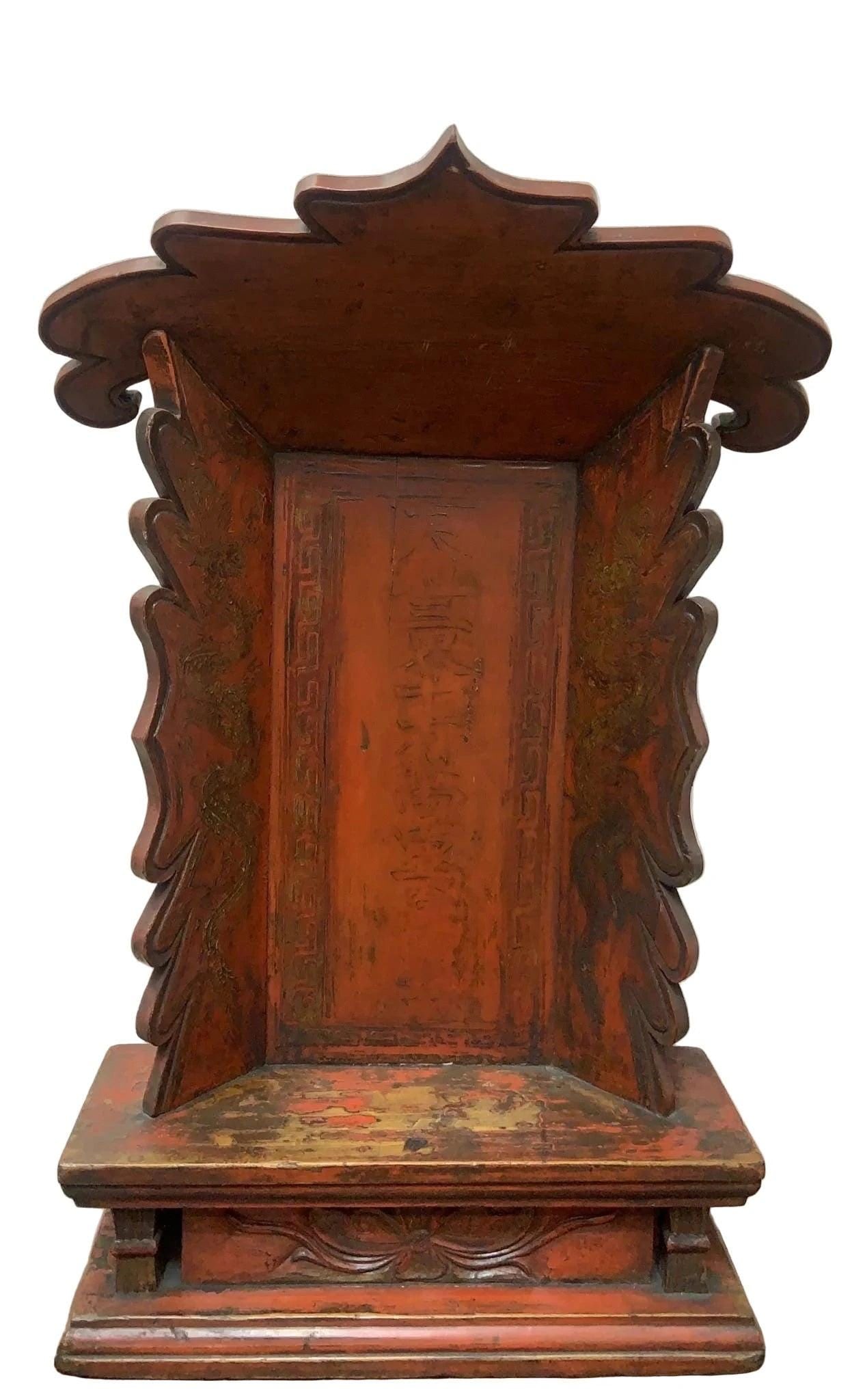 Antique Chinese Red Elm Ancestral Shrine: Materials: paint, woodAntique Chinese Red Hand Painted Elm Ancestral Shrine Made from durable elm wood, this altar features intricate hand-painted designs in vibrant red hues. It can used for ceremoni