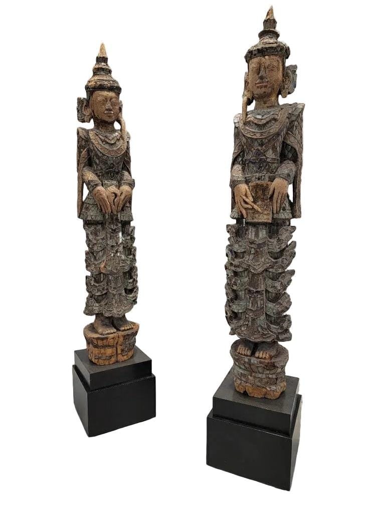 Antique Burmese Carved Colored Glass Monastic Sculptures- Set of 2 - 3