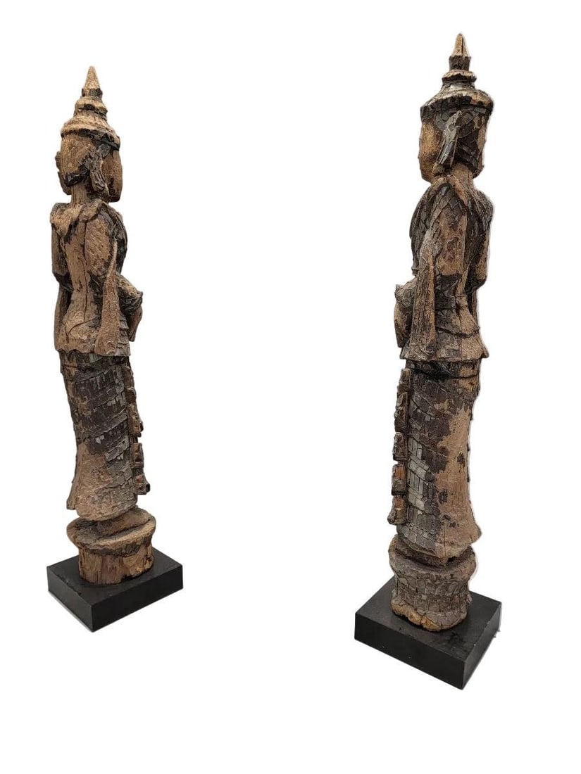 Antique Burmese Carved Colored Glass Monastic Sculptures- Set of 2 - 5