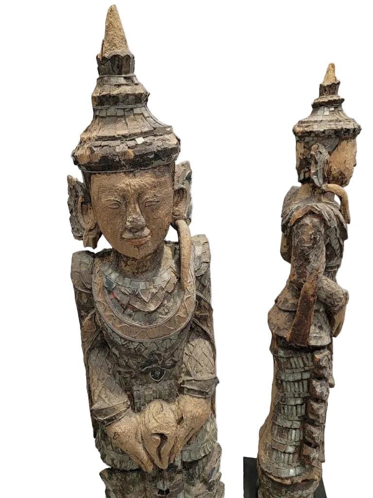 Antique Burmese Carved Colored Glass Monastic Sculptures- Set of 2 - 6