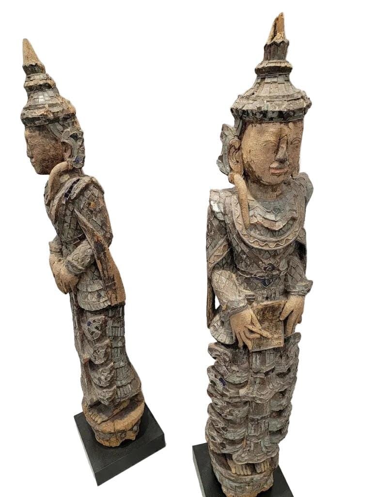 Antique Burmese Carved Colored Glass Monastic Sculptures- Set of 2 - 7