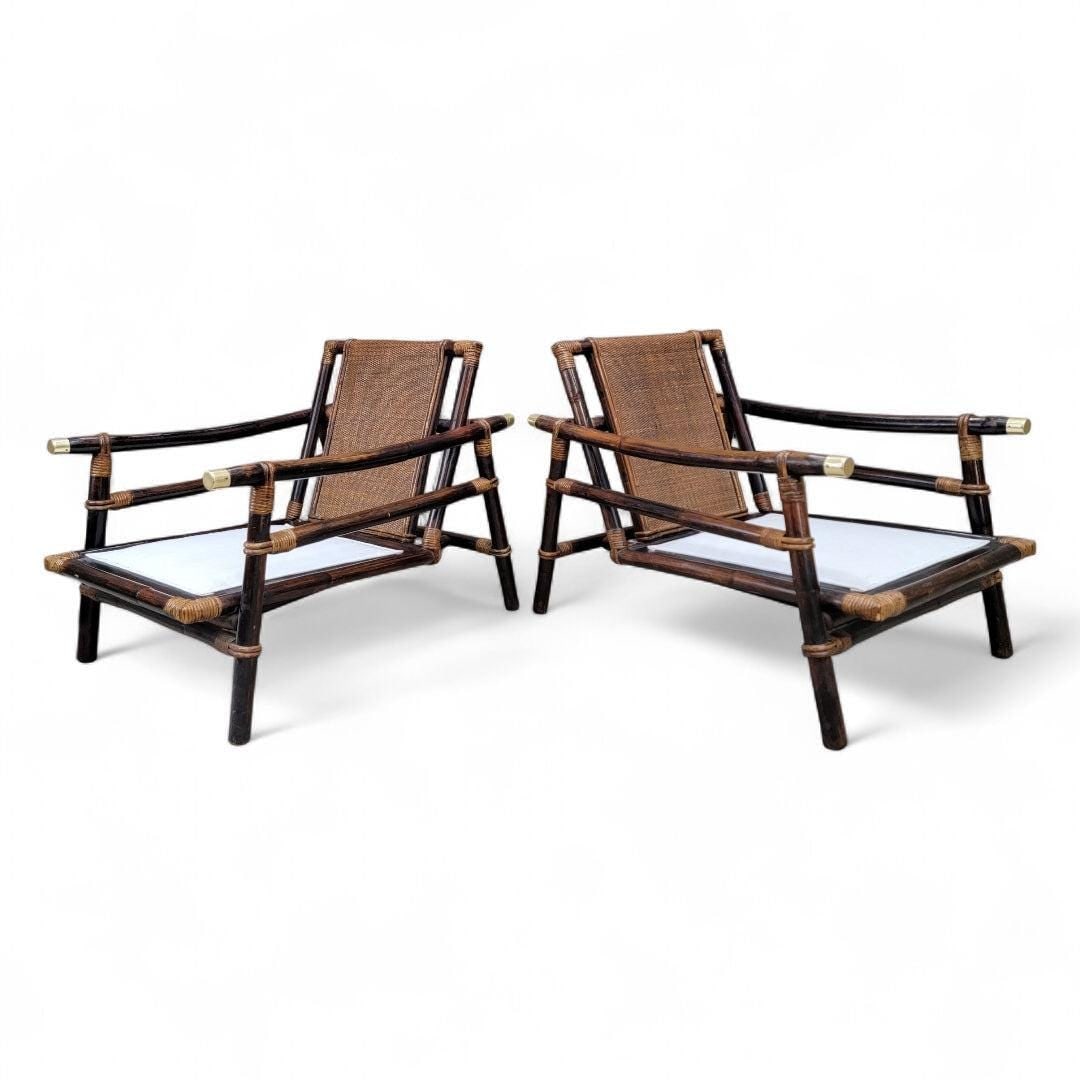 Vintage Pagoda Bamboo Rattan Lounge Chairs by Ficks Reed - Set of 2: Materials: brass, metal, woodVintage Campaign Style John Wisner for Ficks Reed Pagoda Bamboo Rattan Lounge Chairs with Brass Finish - Set of 2Vintage lounge chairs designed by John Wisner for Ficks Re