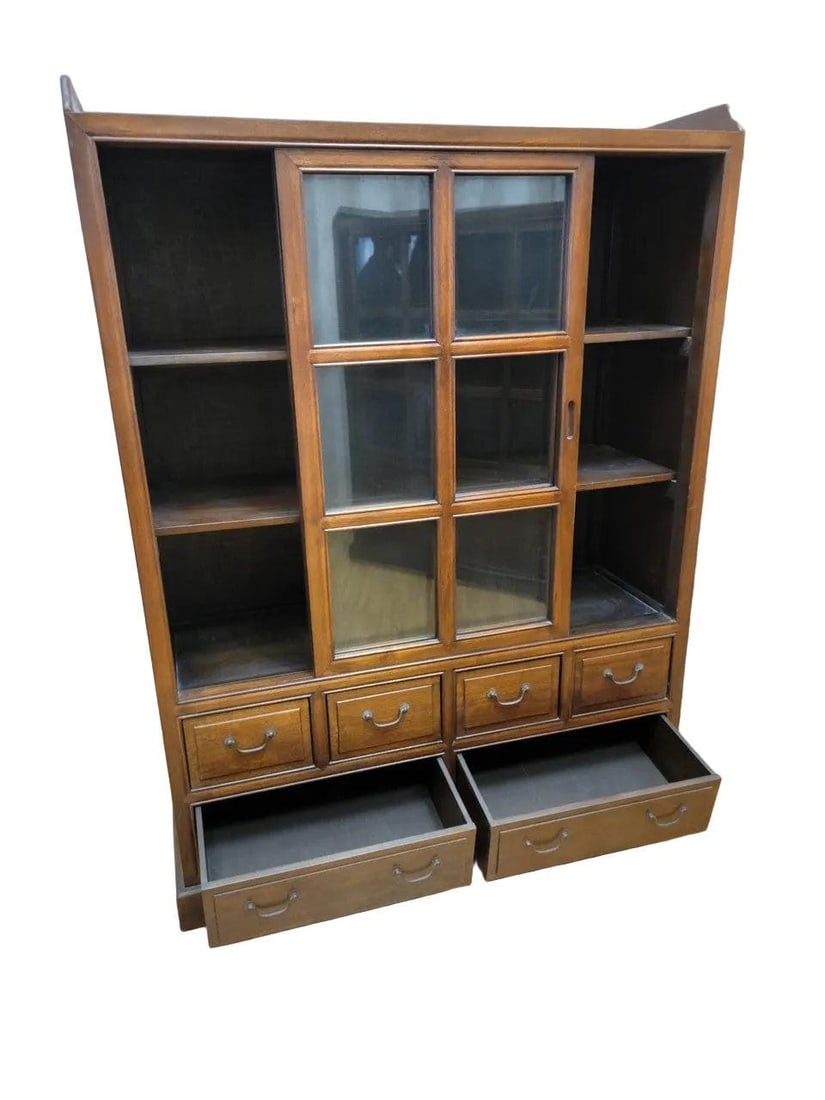 Vintage Chinese Sliding Door Elm Display Cabinet - Pair - 4