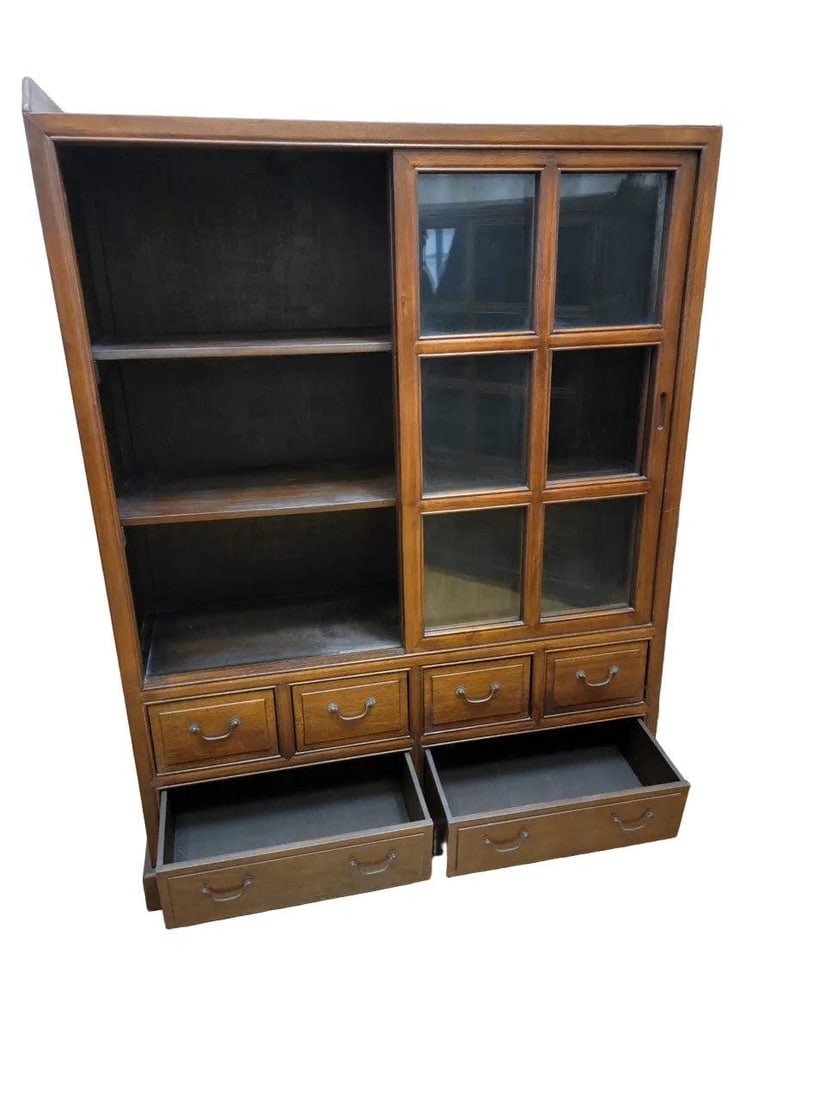 Vintage Chinese Sliding Door Elm Display Cabinet - Pair - 6