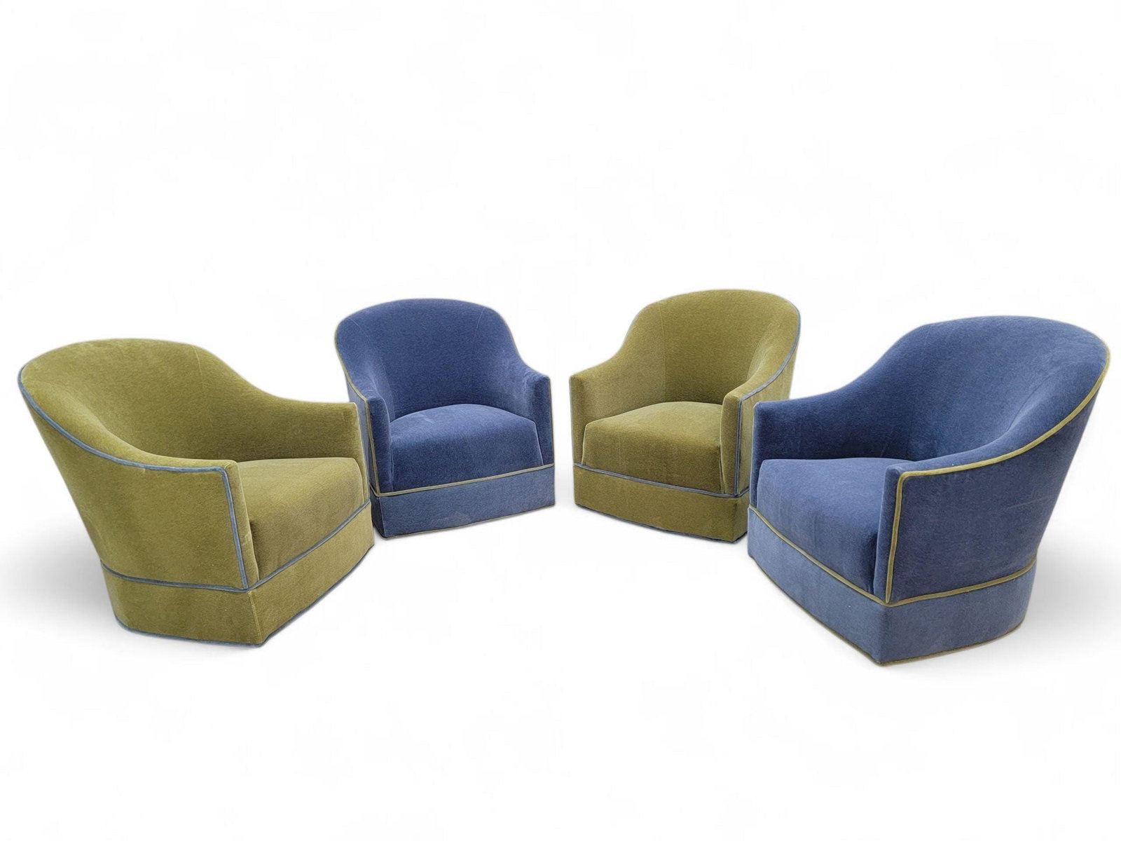 MCM Harvey Probber Style Barrel Back Swivel Chairs Newly Reupholstered - 4: Materials: metal, mohairMid Century Modern Harvey Probber Style Barrel Back Swivel Club Chairs on Caster Newly Reupholstered in Italian Mohair - Set of 4Featuring two stunning Green Tea chairs