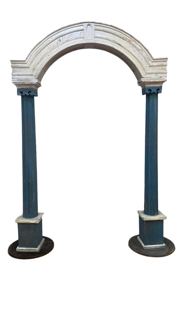 Vintage French Style Architectural Dual Column Free Standing Archway: Materials: woodVintage French Style Architectural Wood Crafted Dual Column Free Standing ArchwayThis vintage French style architectural wood crafted dual columned free-standing archway has a shabby