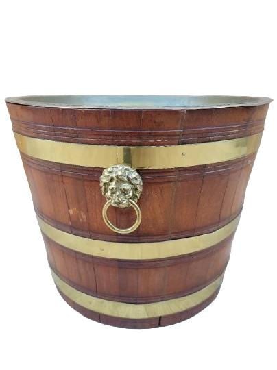 Antique Barrel Tray Top Table With Brass Bands and Lion Handles - 2