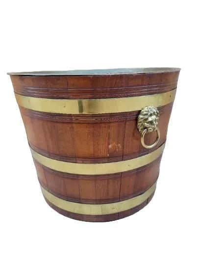 Antique Barrel Tray Top Table With Brass Bands and Lion Handles - 3