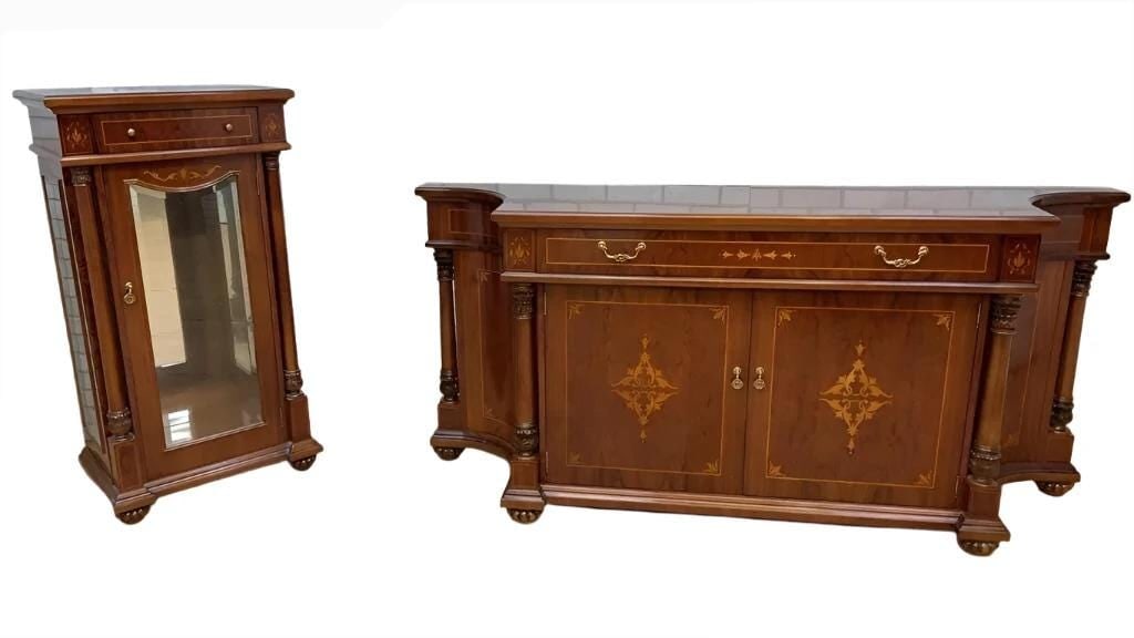 Vintage English Regency Style Inlaid Sideboard and Display Vitrine Cabinet: Materials: WoodVintage English Regency Style Inlaid & Banded Sideboard and Display Vitrine Cabinet - 2 Piece SetElegant English Regency style two-piece set consisting of an inlaid and banded sideb