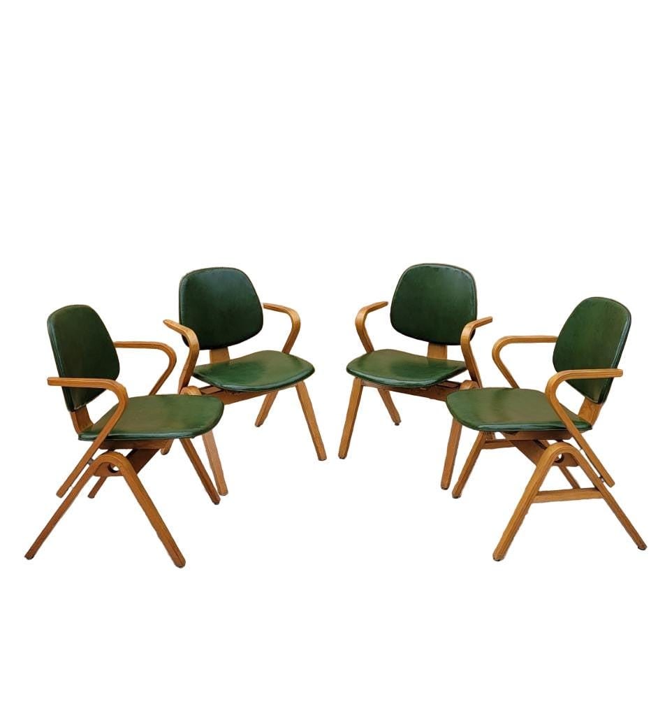 MCM Plywood Dining Chairs by Joe Atkinson for Thonet - 4: Materials: vinyl, woodMid Century Modern Thonet Bent Plywood Dining Chairs by Joe Atkinson - Set of 4Rare and unique mid-century modern completely original set of 4 bent plywood blonde finished armcha