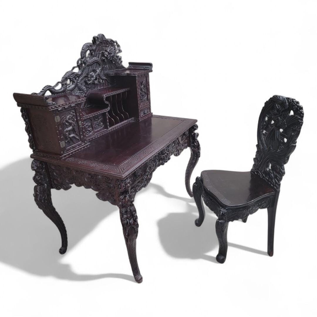 Antique Carved Ornate Japanese Export Hard Rosewood Writing Desk and Chair Set: Materials: woodAntique Carved Ornate Japanese Export Hard Rosewood Writing Desk and Chair SetThis writing desk and chair set are carved with beautiful dragon designs. The desk has multiple shelves and
