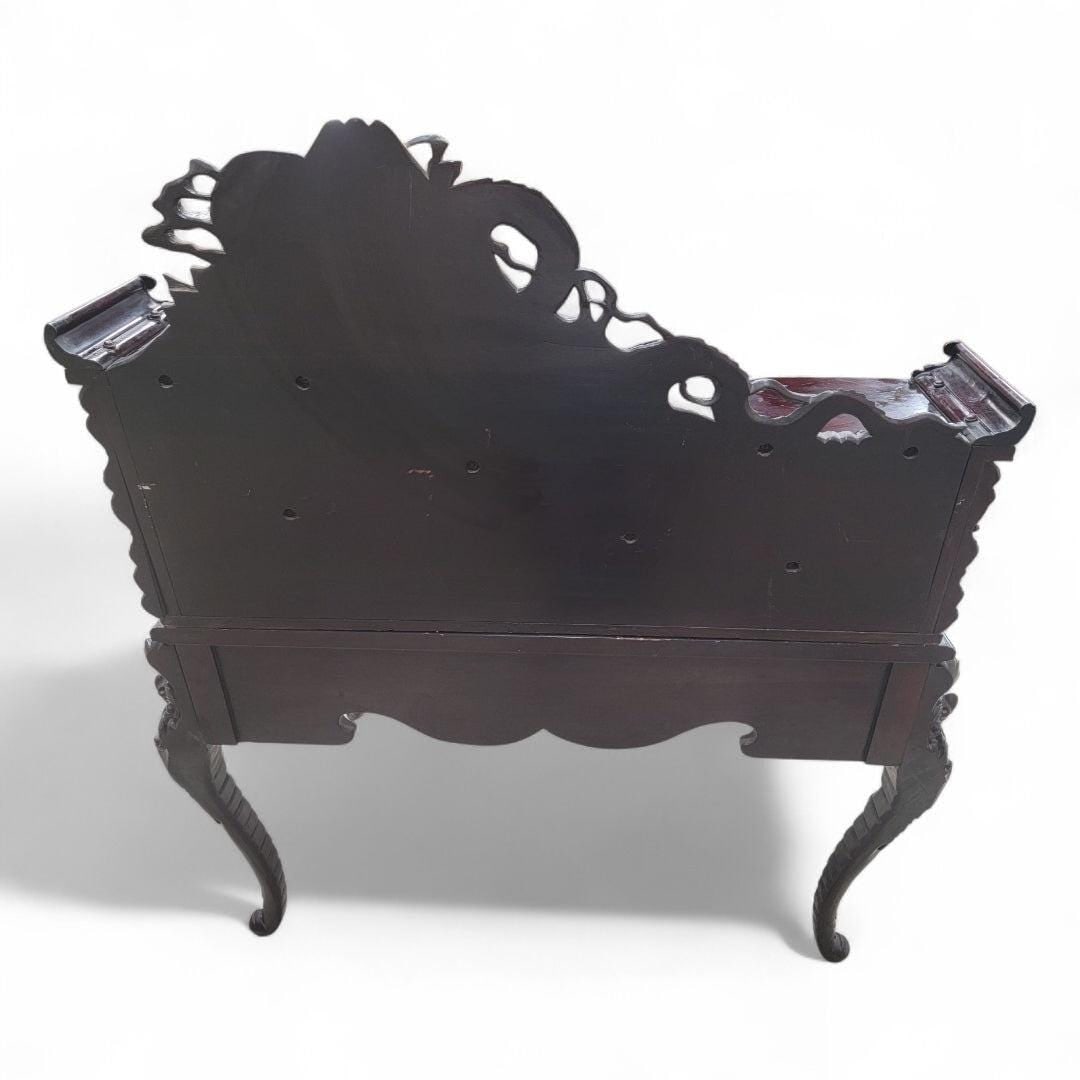 Antique Carved Ornate Japanese Export Hard Rosewood Writing Desk and Chair Set - 2