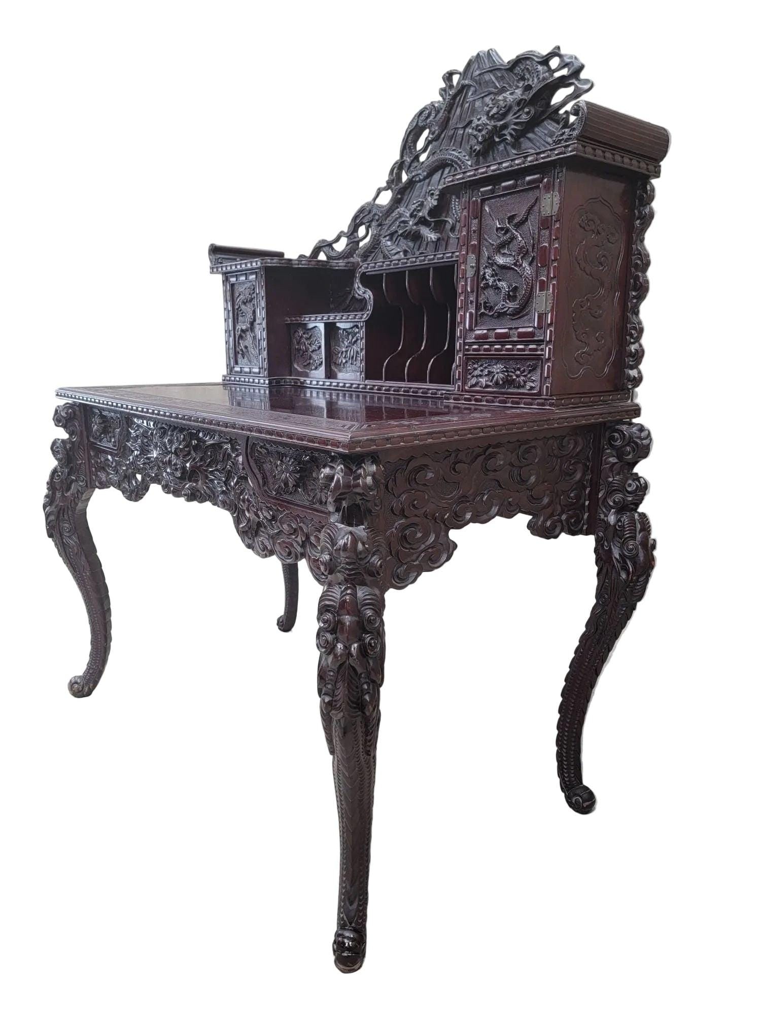 Antique Carved Ornate Japanese Export Hard Rosewood Writing Desk and Chair Set - 3