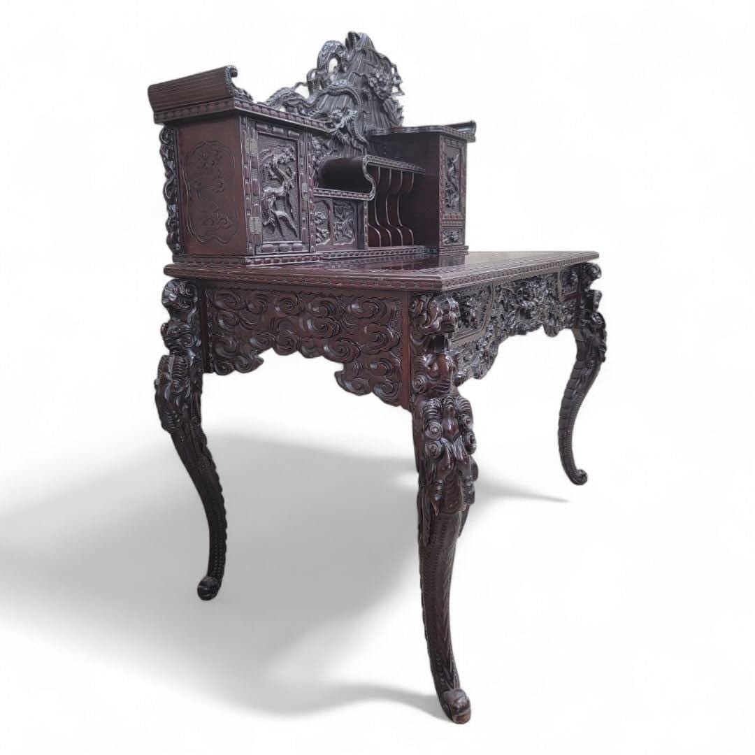 Antique Carved Ornate Japanese Export Hard Rosewood Writing Desk and Chair Set - 4