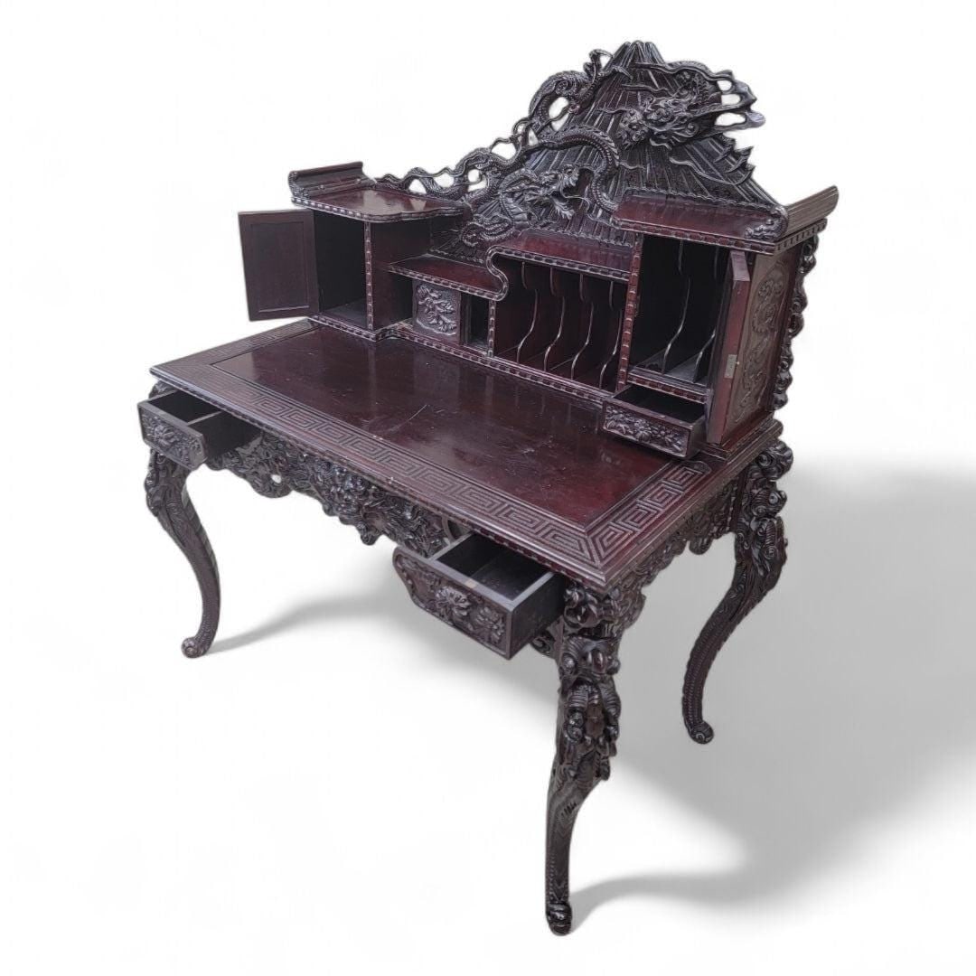 Antique Carved Ornate Japanese Export Hard Rosewood Writing Desk and Chair Set - 5
