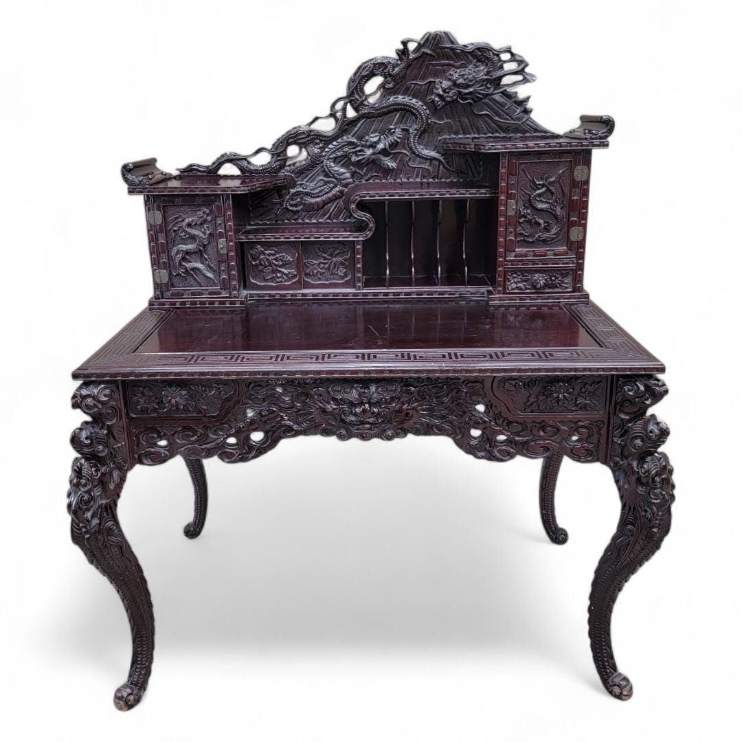 Antique Carved Ornate Japanese Export Hard Rosewood Writing Desk and Chair Set - 7
