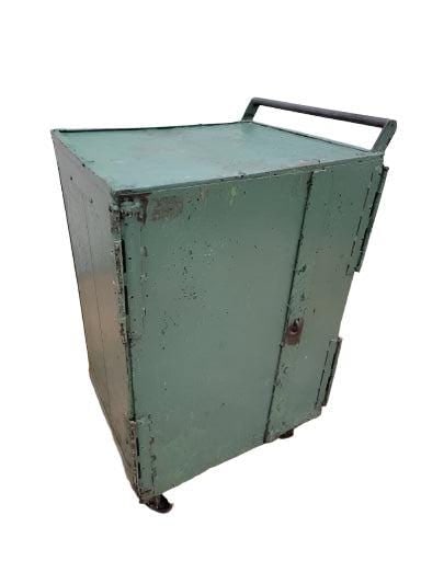 Vintage Industrial Green Metal 2 Door Steel Mobile Storage Cart: Vintage Industrial Green Metal 2 Door Steel Mobile Storage Cart on CastersFantastic original vintage industrial metal cabinet. Two doors with metal shelves inside and very cool metal food tray