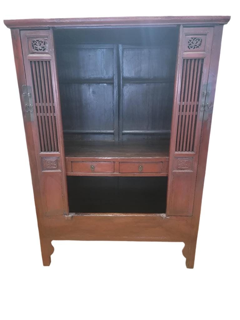 Antique Shanxi Province Red Elm Cabinet: Antique Shanxi Province Red Elm Lacquered CabinetThis cabinet had 2 side doors, 2 shelves, and 2 drawers. Can be used as a bar, storage for fine china and crystal. A multifunctional piece of
