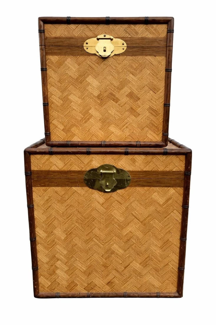 Vintage Asian Style Woven Bamboo Nesting Storage Trunks - Set of 2 (1 of 7)